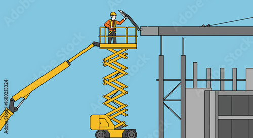 Construction Worker Operating Yellow Scissor Lift at Work.