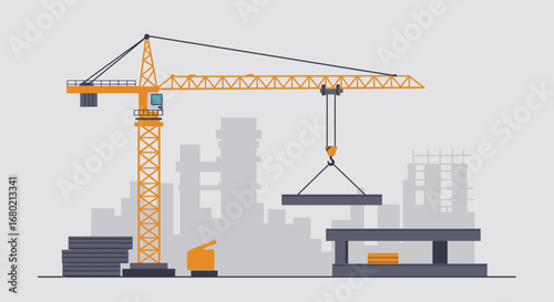 Orange Construction Crane Lifting Heavy Concrete Slab.
