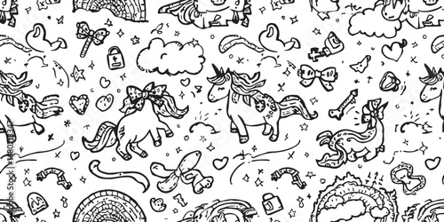 Unicorns and Magical Creatures Seamless Pattern Black and White Hand Drawn Doodle Style Whimsical Design for Childrens Products and Creative Projects
