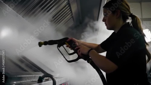 Commercial Kitchen Cleaning: Woman Power Washing Exhaust Hood with Steam for Hygiene