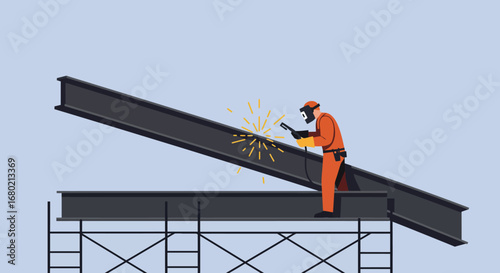 Welder in Protective Gear Welding Steel Beam Construction.