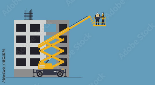 Construction Workers Using Yellow Aerial Lift Platform.