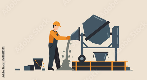 Construction Worker Pouring Concrete into Cement Mixer Illustration.