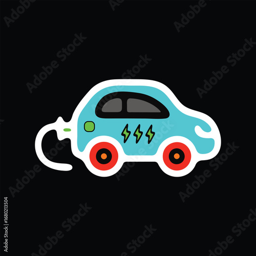 Electric car icon with charging cable and lightning bolts on black background. EV vehicle symbol for sustainable transportation, clean energy and eco-friendly automotive technology.