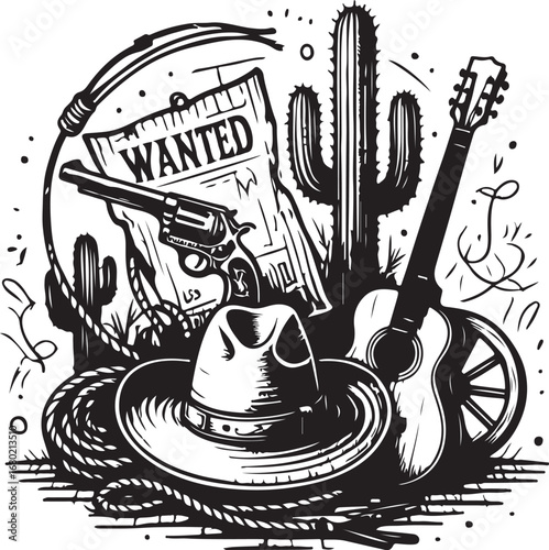 Vintage Western Scene with Wanted Poster Revolver Guitar Cactus and Cowboy Hat in Black and White Detailed Illustration