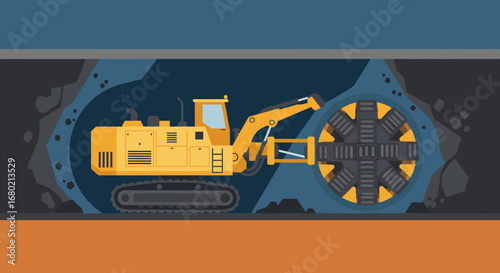 Yellow Tunnel Boring Machine Excavating Through Rock.