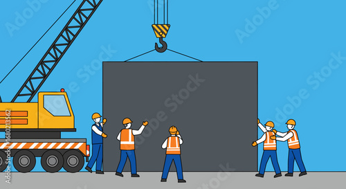 Construction Workers Guiding Large Concrete Block with Crane.