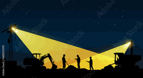 Construction Workers and Machinery Under Nighttime Spotlights.