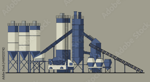 Industrial Cement Plant Illustration with Conveyor Belts and Silos.