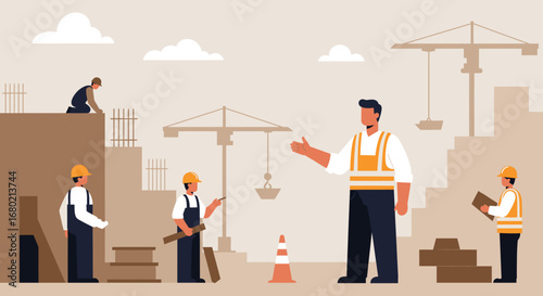 Construction Workers and Supervisor on Building Site.