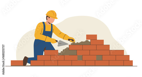Construction Worker Laying Bricks with Trowel and Mortar.