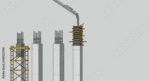 Construction Process: Concrete Columns with Rebar and Formwork.