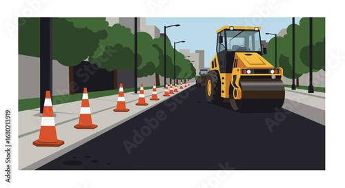Yellow Road Roller Compacting Fresh Asphalt Pavement.