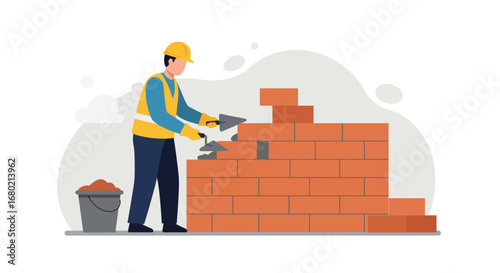 Construction Worker Building Brick Wall Illustration.