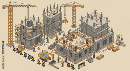 Isometric Illustration of Construction Site with Cranes and Workers.