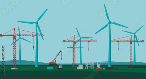 Wind Turbines and Cranes Constructing Renewable Energy Infrastructure.