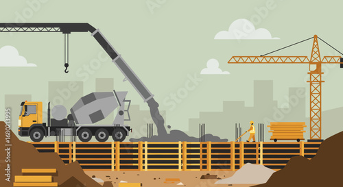 Construction Site with Concrete Mixer Truck and Crane.