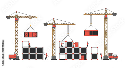 Construction Site with Cranes and Workers Building.