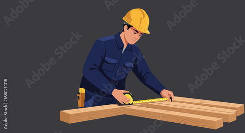 Construction Worker Measuring Wood with Tape Measure.