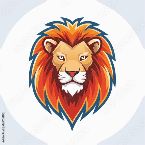 A powerful and dramatic close-up photograph of a lion's head mascot logo. The lion has an intense and confident expression