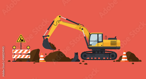 Yellow Excavator Digging Earth at Construction Site.