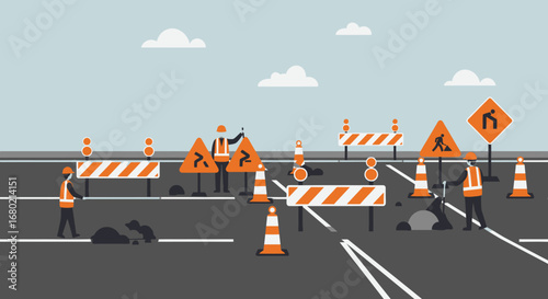 Road Construction Scene with Workers Signs and Barriers.