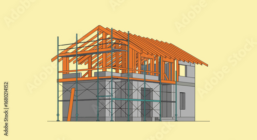 House Construction with Scaffolding and Wooden Framework.