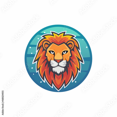 A powerful and dramatic close-up photograph of a lion's head mascot logo. The lion has an intense and confident expression