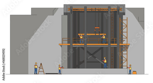 Construction Workers Building Steel Structure Inside Concrete Structure.