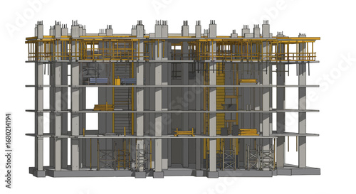 Construction Site Building Frame with Scaffolding and Forms.