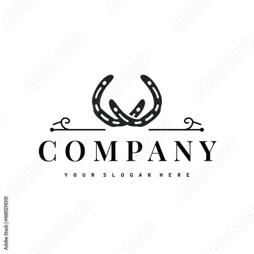 Horseshoe logo with minimalist black silhouette design as a symbol of horse ranch and blacksmith symbol logo template illustration concept for brand or poster