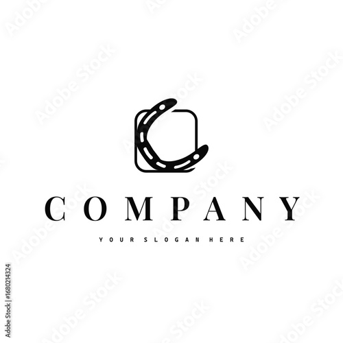 Horseshoe logo with minimalist black silhouette design as a symbol of horse ranch and blacksmith symbol logo template illustration concept for brand or poster