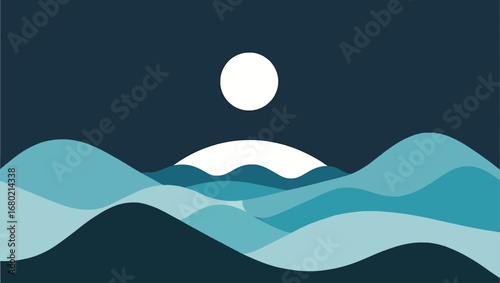 Abstract vector landscape illustration of rolling hills under a bright full moon at night
