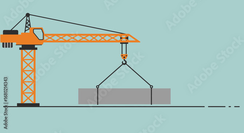 Orange Construction Crane Lifting a Concrete Block.