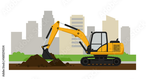 Yellow Excavator Digging Earth in Urban Setting.