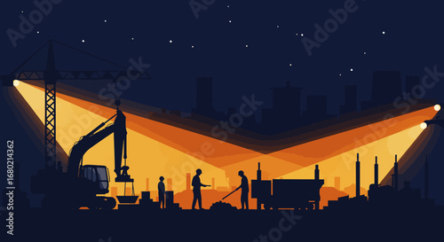 Construction Site Night Scene with Silhouetted Workers.