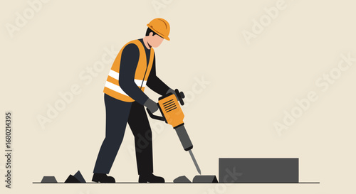 Construction Worker Using Jackhammer Breaking Concrete Surface.