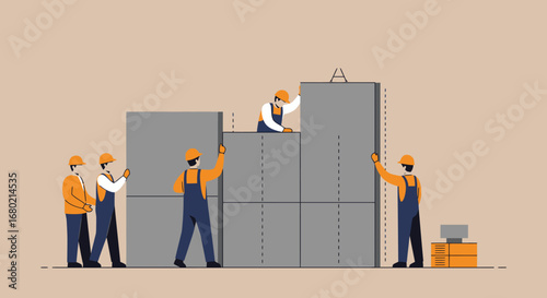 Construction Workers Building a Wall with Concrete Blocks.