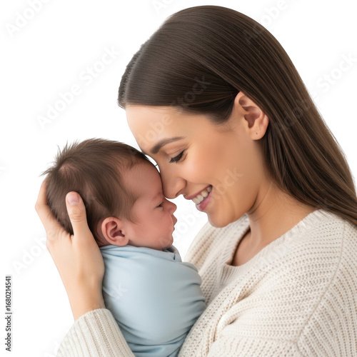Mother lovingly holding her newborn baby isolated on transparent background