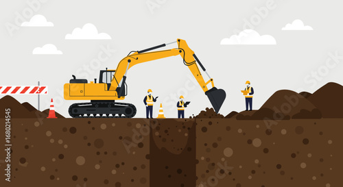 Yellow Excavator Digging Earth with Construction Workers Present.