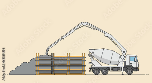 Concrete Mixer Truck Pouring Cement into Formwork Illustration.