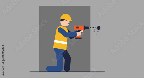 Construction Worker Drilling Hole in Wall.