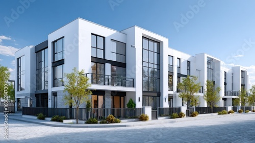 Modern townhouses with a contemporary architectural design, showcasing sleek lines and spacious windows. The scene is bathed in natural light