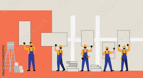 Construction Workers Holding Rectangular Panels Building Illustration.
