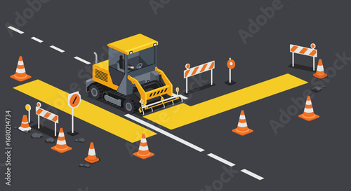 Isometric Road Marking Machine with Safety Cones.