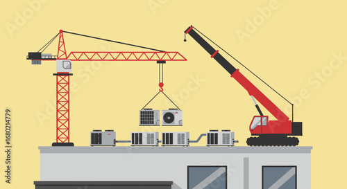 Construction Crane Lifting Air Conditioning Units on Rooftop.