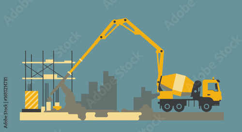 Yellow Concrete Mixer Truck Pouring Cement Illustration.