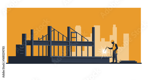 Construction Worker Welding Steel Frame Building Silhouette.