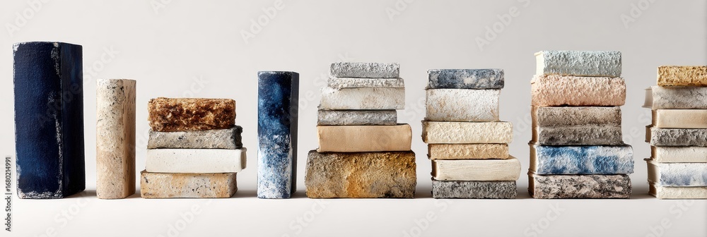 Fototapeta premium Collection of Textured Books Arranged on a Minimalistic Surface Showcasing Various Colors and Conditions