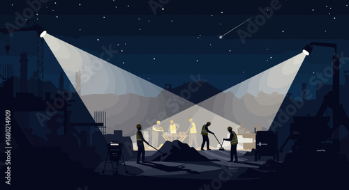 Construction Workers Illuminated by Spotlights at Night.